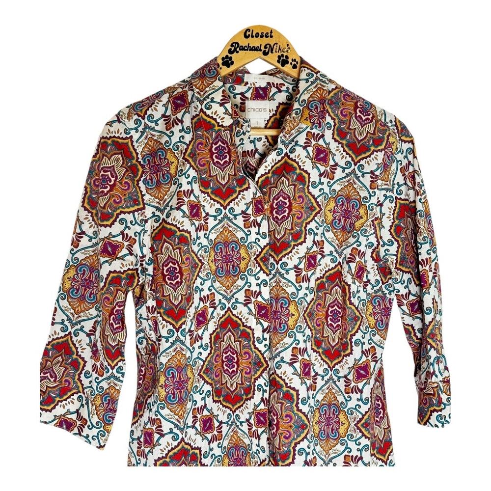 Womens Chicos Paisley No Iron 3/4 Sleeve Shirt Top Blouse Size 1